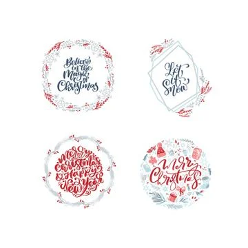Vector set collection of hand drawn Christmas wreaths with xmas text. Fir Stock Illustration