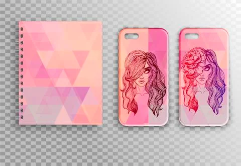 Vector set collection - a notebook and two covers for the smartphone Stock Illustration
