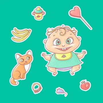 Vector set of color illustrations stickers joyful child and kitten. Baby Stock Illustration