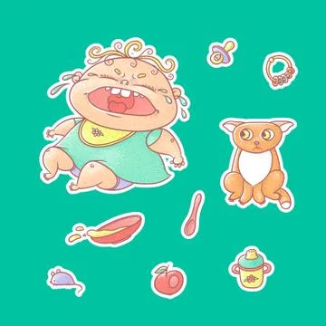 Vector set of color illustrations stickers crying child and scared kitten. Stock Illustration