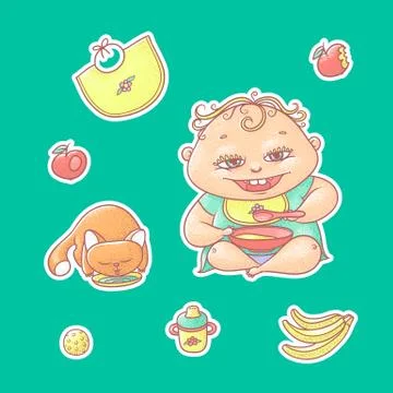 Vector set of color illustrations stickers happy child and kitten. Stock Illustration