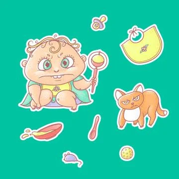 Vector set of color illustrations stickers angry child and terrible kitten. Stock Illustration