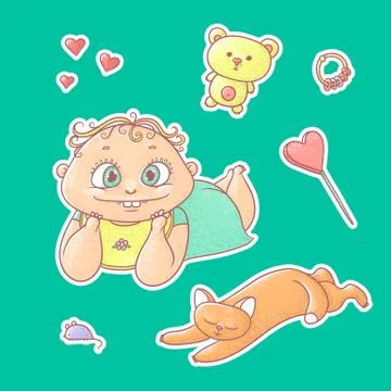 Vector set of color illustrations stickers smiling child and happy kitten. Stock Illustration