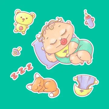 Vector set of color illustrations stickers of the sleeping child and kitten. Stock Illustration