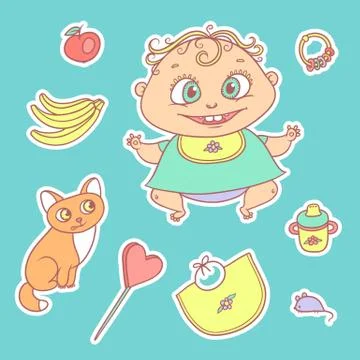 Vector set of color sketch illustrations stickers joyful child and kitten. Baby Stock Illustration