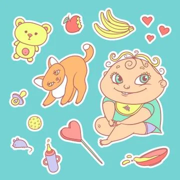 Vector set of color sketch illustrations stickers joyful child and playful Stock Illustration