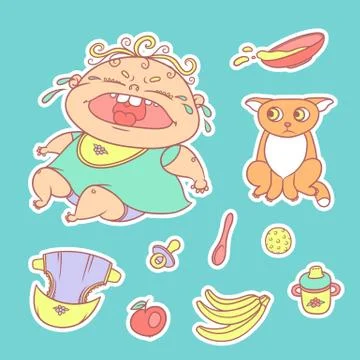 Vector set of color sketch illustrations stickers crying child and scared kitten Stock Illustration
