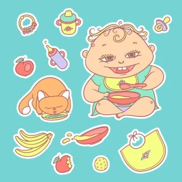 Vector set of color sketch illustrations stickers happy child and kitten. Apples Stock Illustration
