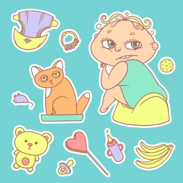 Vector set color sketch illustrations stickers child sitting on pot and kitten Stock Illustration