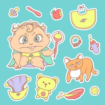 Vector set color sketch illustrations stickers of the angry child and the kitten Stock Illustration