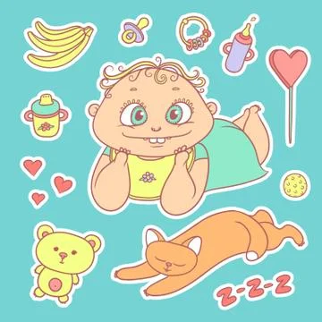 Vector set color sketch illustrations stickers joyful child and sleeping kitten Stock-Illustration