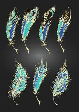 Vector set of color stylized fantastical feathers Stock Illustration