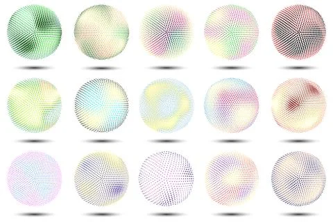 Vector set of colored 3d spheres.Halftone effect. Stock Illustration