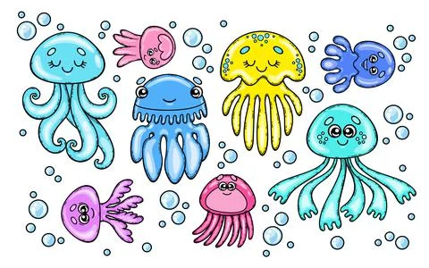Vector set colored cartoon jellyfish Stock-Illustration