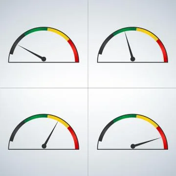 Vector set of colored gauges showing power levels from low to high. Minimum t Stock Illustration