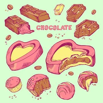 Vector set of colored sketches bitten chocolates. Sweet rolls, bars, glazed Stock Illustration