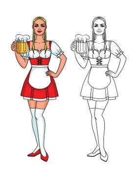Vector set of colorful and line illustration of a pretty cute waitress with a Stock Illustration