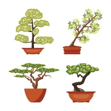 Vector set of colorful bonsai trees in pots Stock Illustration