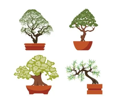Vector set of colorful bonsai trees in pots Stock Illustration
