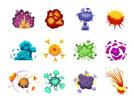 Vector set of colorful cartoon explosive bombs effects, atomic, cosmic explodes. Illustrazione stock