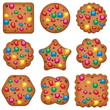 Vector set of colorful chocolate chip cookies of different shapes Stock Illustration