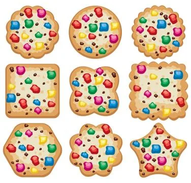 Vector set of colorful chocolate chip cookies of different shapes 库存插图