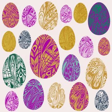 Vector set of colorful easter eggs decorated with ornament . Stock Illustration