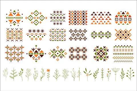 Vector set of colorful ethnic patterns, decorative herbs and flowers. Small 스톡 일러스트