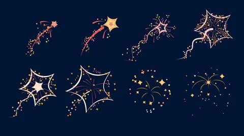 Vector set of colorful fireworks in the form of stars with sparks. Illustrati Ilustración de archivo