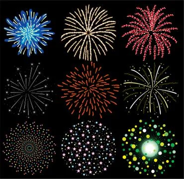 Vector set of colorful fireworks Stock Illustration