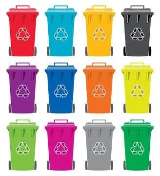 Vector set of colorful flat recycling wheelie bin icons Stock Illustration