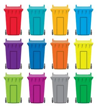 Vector set of colorful flat recycling wheelie bin icons Illustrazione stock