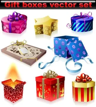 Vector set of colorful gift boxes with ribbons and bows isolated Stock Illustration
