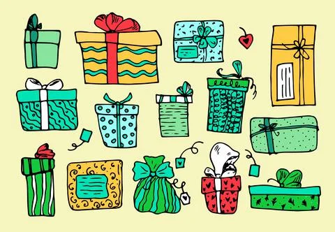 Vector set of colorful gift boxes. Hand-drawn doodle-style Insulated Gift Boxes Stock Illustration
