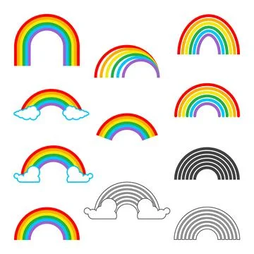 Vector set of colorful rainbow icons in various styles with clouds Stock Illustration