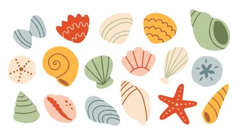 Vector set of colorful seashells and starfish in flat hand drawn style. Ocean 库存插图