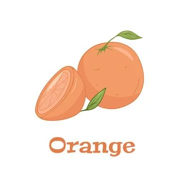 Vector set of colorful slice and whole of juicy orange. Fresh cartoon orange on Stock Illustration