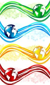 Vector set colorful wavy banners with globe Stock Illustration