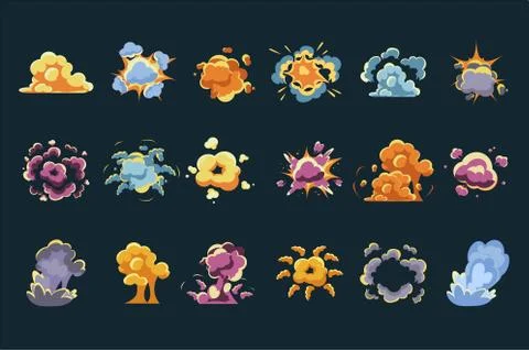 Vector set of comic explosions or bursts. Cartoon boom effect. Clouds of blasts 스톡 일러스트