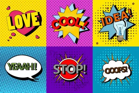 Vector set of comic speech bubbles in pop art style. Design elements Stock Illustration