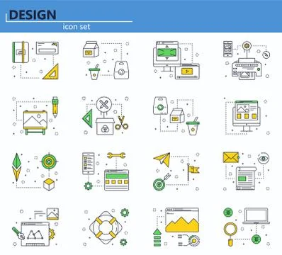 Vector set of computer, business, office and design icons in thin line style Illustrazione stock