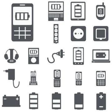 Vector set of computer devices charging, battery, indicators, ad Illustrazione stock