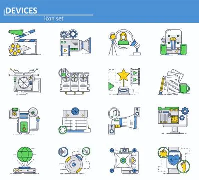 Vector set of computer hardware devces and movie production icons in thin line Stock Illustration