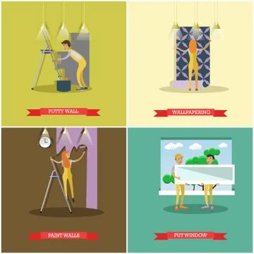 Vector set of construction and repairing house concept posters Stock Illustration