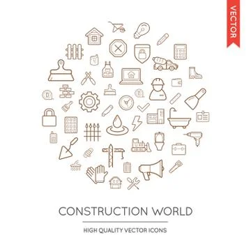 Vector Set of Construction Modern Flat Thin Icons Inscribed in Round Shape Stock Illustration