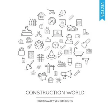 Vector Set of Construction Modern Flat Thin Icons Inscribed in Round Shape Stock Illustration