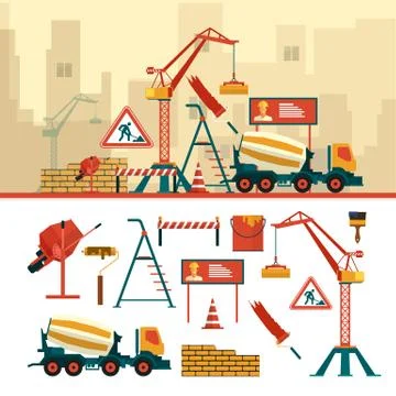 Vector set of construction site objects and tools isolated on white background Stock Illustration