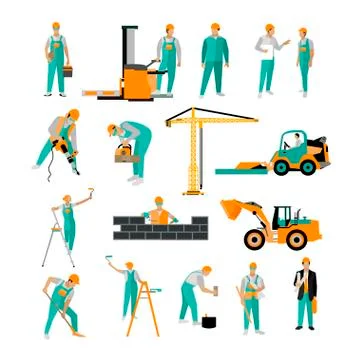 Vector set of construction workers isolated on white. People work. Icons in flat Illustrazione stock