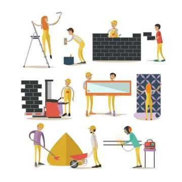 Vector set of construction workers isolated, flat style design elements Stock Illustration