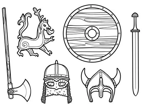 Vector set of contour elements of equipment and weapons of the scandinavian v Stock Illustration